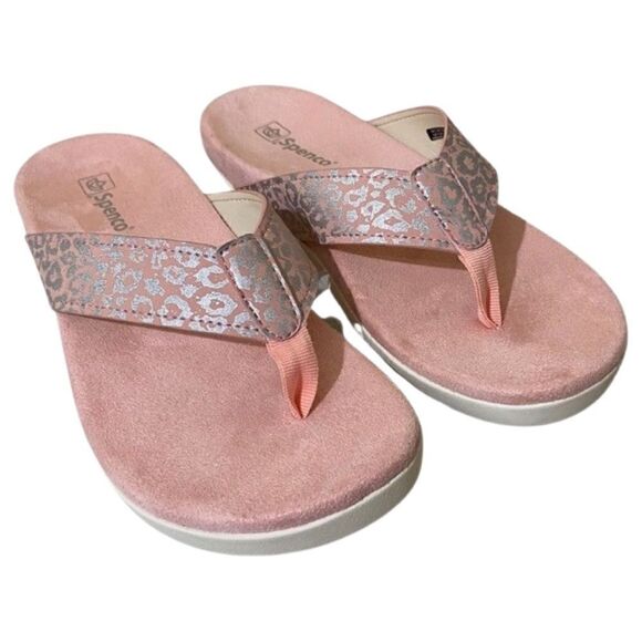 Spenco Newport  Cheetah Orthotic Pink Metallic Thong Sandals - Picture 1 of 8